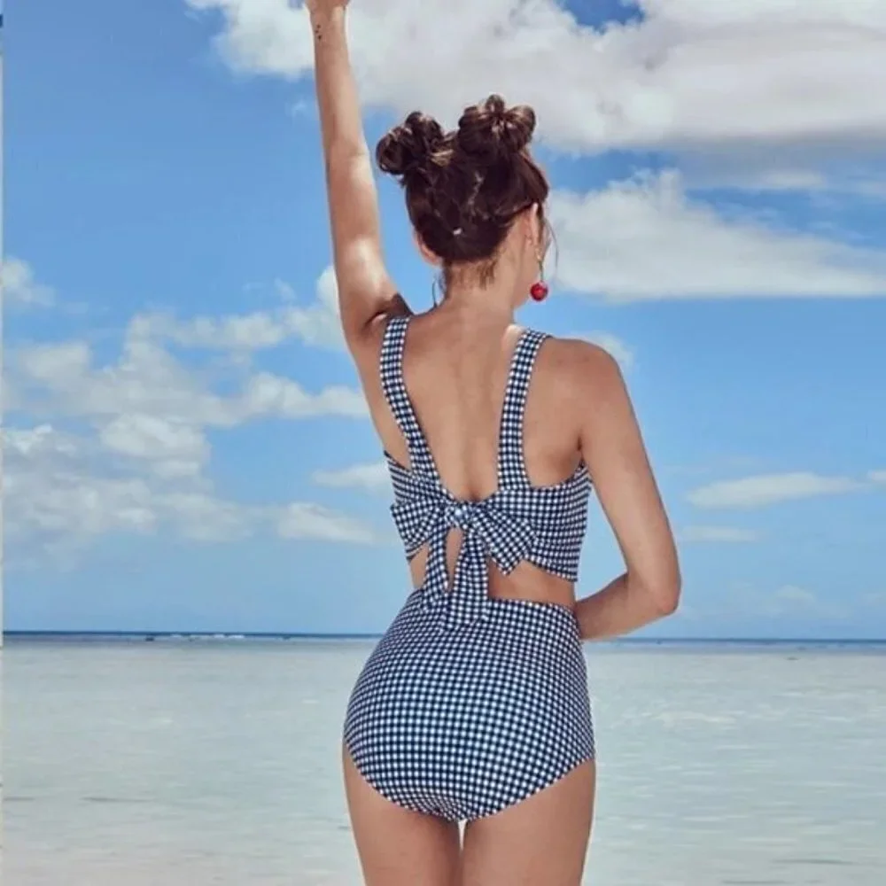 Boutique Aiosnuo Blue Checkered Pinup Swim Top XL